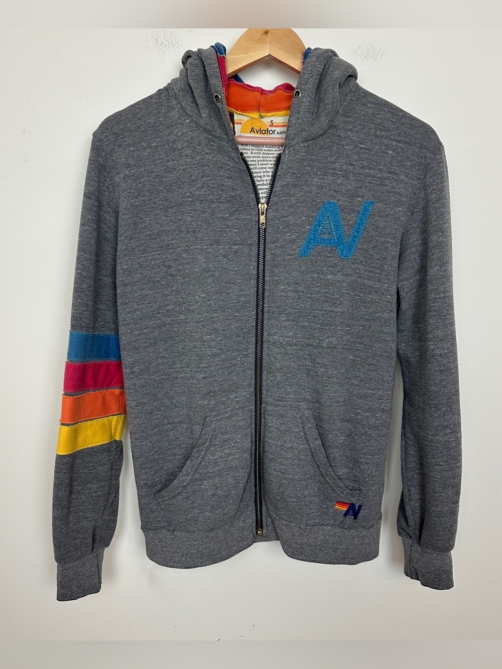 Aviator Nation Grey Zip Hoodie with Rainbow Stripe Lining and Sleeve - Picture 2 of 11